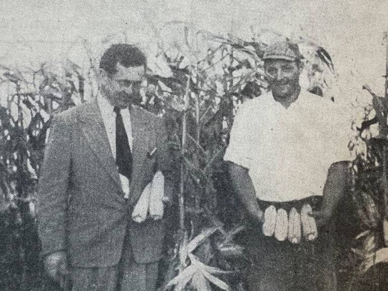 photograph of two men holding ears of corn