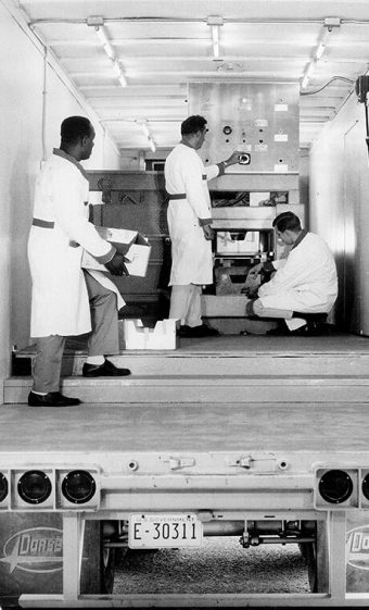 A portable, trailer-mounted food irradiation unit, loaded and tested at Brookhaven National Laboratory, began a 2-year demonstration tour of the nation during mid-1967. c. 1968.