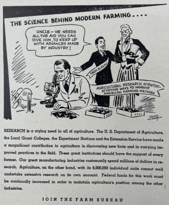 This cartoon published in the November, 1945, issue of the Suffolk County Farm Bureau News argued for the importance of agricultural research to farmers and the need for federal research funding.